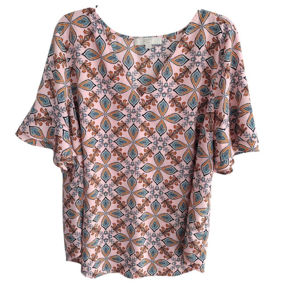 LOFT Plus Pink Kaleidoscope Paisley Bell Cuff V-Neck Georgette Blouse Womens 20